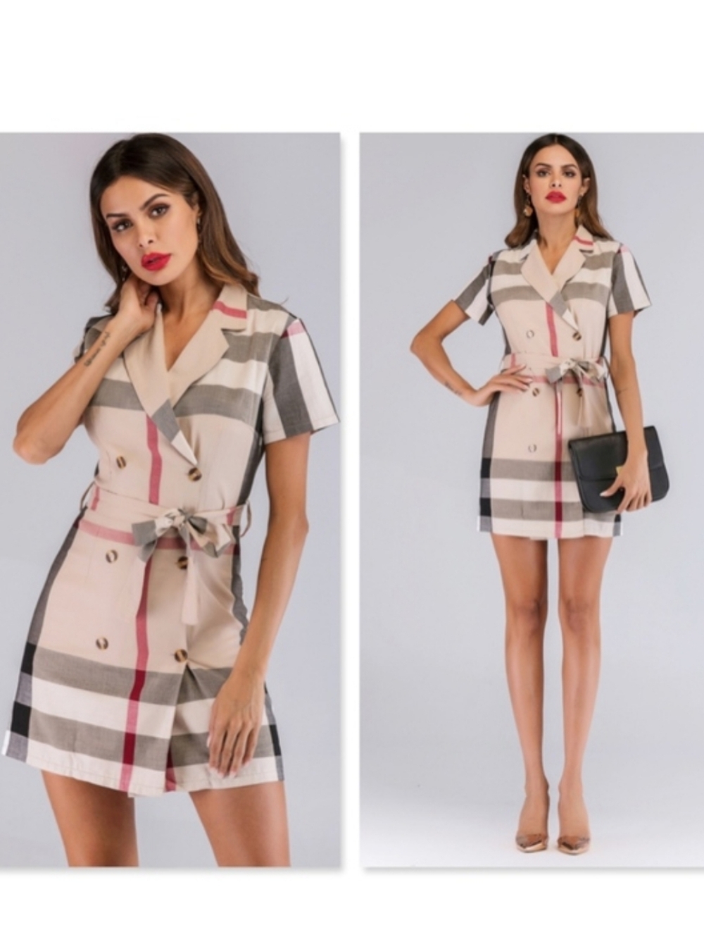 Beige Plaid Double-Breasted Belted Shirt Dress BURBERRY PRINT Large Fits S/M